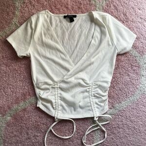Forever 21 Ruched White V-Neck Crop Top - Size Medium